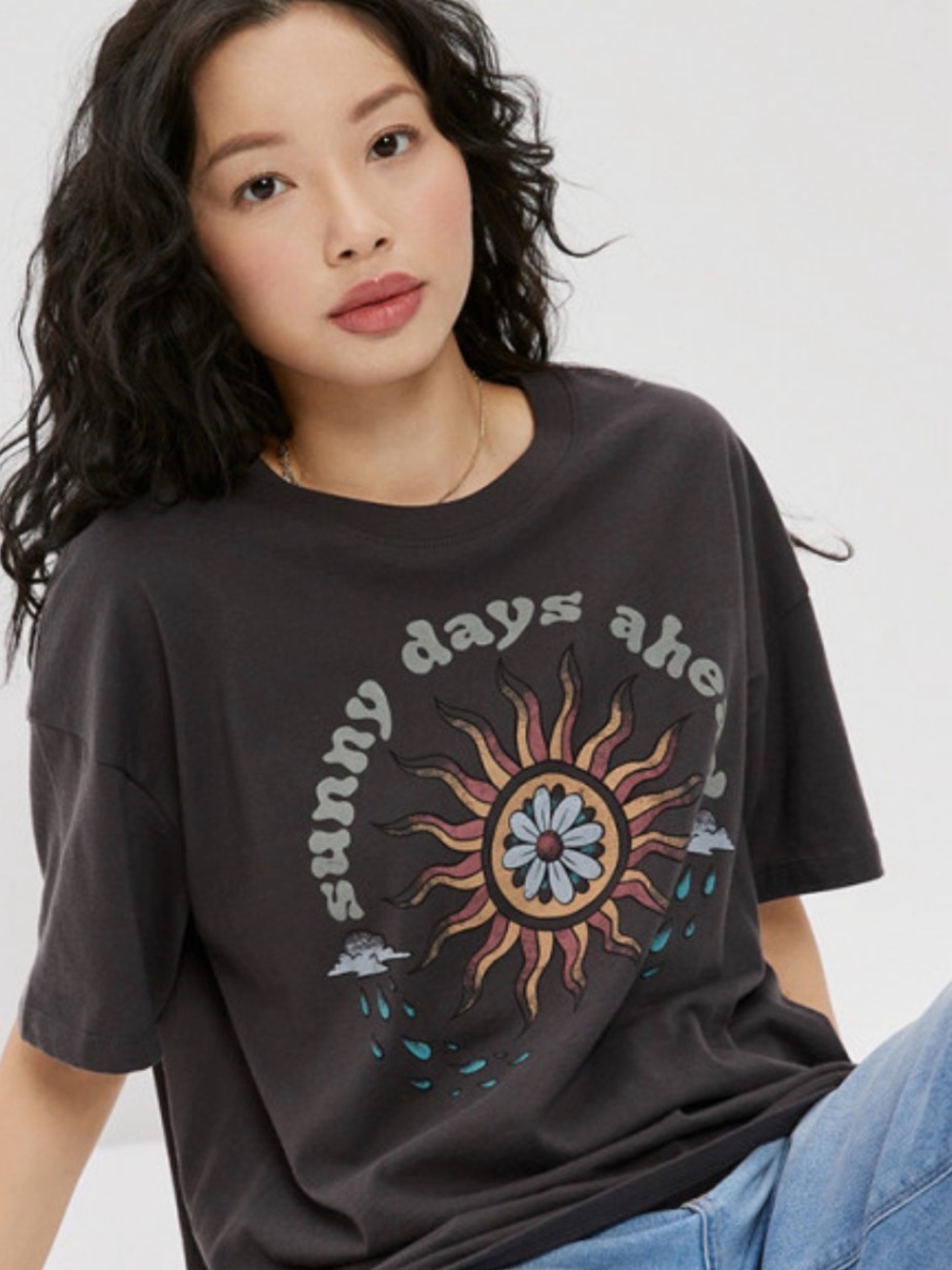 American Eagle Outfitters Charcoal Graphic Tee with Multicolor Sun